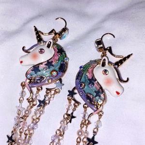 Betsey Johnson Unicorn Clasp Earrings Enamel and Crystal Rainbow Dangle Hoops